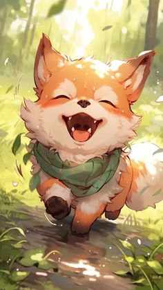 a little fox running through the woods with its mouth open and eyes closed, smiling