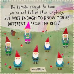 some gnomes are sitting in the grass with a quote on them that says, be humble enough to know you're not better than anybody