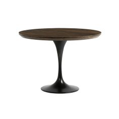 an oval wooden table with black metal base