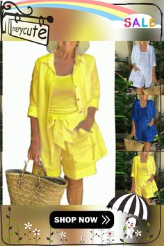 1 Set Stylish Women Outfit Single-breasted Camisole Single-breasted Shirt Lace-up Shorts Lace-up for Office Summer Sets With Buttons For Day Out, Yellow Summer T-shirt For Loungewear, Summer Fitted Button-up Sets, Yellow Button-up Shirt For Vacation, Yellow Sleeveless Summer Sleepwear, Yellow Short-length Pajama Shorts For Loungewear, Yellow Bottoms With Built-in Shorts, Relaxed Fit, Women Outfit, Stylish Clothes For Women