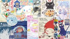 an assortment of anime stickers are shown in this collage with japanese characters and words