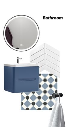 the bathroom is decorated in blue and white tile, with black accents on the walls