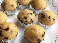 twelve chocolate chip muffins on a white plate