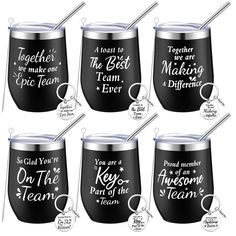 six wine tumblers with sayings on the side and two spoons in each