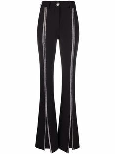 Black Cady high-waisted trousers from PHILIPP PLEIN featuring silver-tone stud detailing, skull stud embellishment, high-waisted, belt loops, concealed fly and button fastening, two side slit pockets, two rear welt pockets, front slit and flared hem. | Philipp Plein Cady high-waisted trousers Moda Ulzzang, Flair Pants, Dress Design Drawing, Shoes Prada, Miu Miu Shoes, Prada Bags, Ulzzang Fashion, Philipp Plein, Edgy Outfits