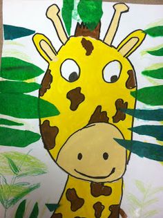 a drawing of a giraffe with green leaves in the background