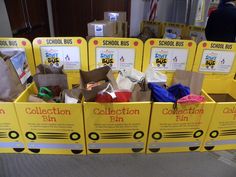 the school bus collection bins are stacked on top of each other and ready to be used