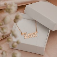 "Gothic Name Necklace - Gothic name necklace in the style of old English writing . MATERIALS * Material: High-Quality 925 Sterling Silver  * Handmade item * Chain style : BOX SIZES * Pendant size:  30x10 mm * Chain Length: 14\" / 16\" / 18\" / 20\" / 22\"    *Each necklace comes with an 2\" extender So size 14\" matches sizes 14\"-16\" GIFTING All items come ready to give in a beautiful gift box with a certificate of authenticity. packaging with bubble wrapped to ensure no damage can be made dur Extra Jewelry, Old English Names, English Name, Nameplate Necklace, Gold Name Necklace, Necklace Craft, Custom Name Necklace, Necklace Personalized, Letter Necklace