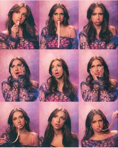 a collage of photos of a woman making different expressions