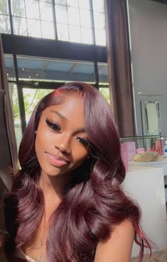 Pretty Wigs Black Women Color, Burgundy Side Part Frontal, Sew Ins Hairstyles For Black Women With Color, Lace Front Ideas For Black Women, Curly Hair Color Ideas For Black Women Lace Wigs, Weave Colors For Black Women, Burgundy Traditional Sew In, Lace Frontal Colored Wigs Black Women, Dark Red Side Part Wig