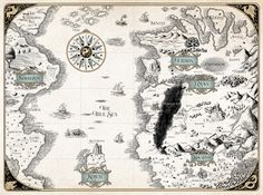 an old world map with compasss and other things on the land, including ships