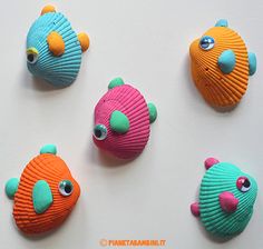 four colorful fish made out of seashells on a white surface