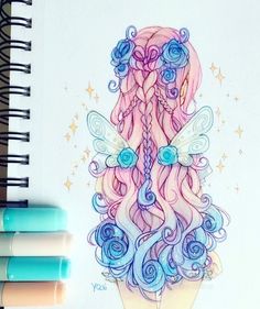 a drawing of a jellyfish with flowers on it's head and wings, surrounded by stars