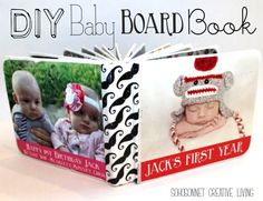 an open book with two pictures of babies on it and the title diy baby board book