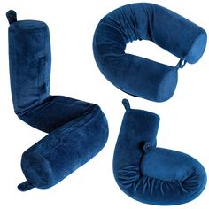 three different types of travel pillows and one is blue with black piping on it