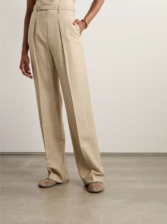 LORO PIANA Edward belted pleated raw silk wide-leg pants Silk Wide Leg Pants, Flat Dress Shoes, Floral Dresses Short, Dress Flats, Sport Swimwear, Sports Skirts, Loro Piana, Shearling Jacket, Raw Silk