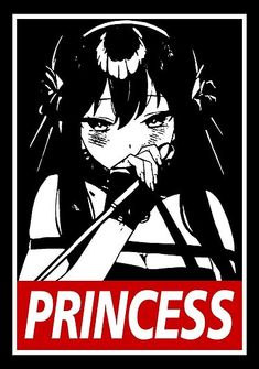 a black and white poster with the word princess on it's chest, holding a knife