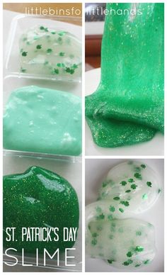 four pictures of green and white slime with text overlay that says st patrick's day slime