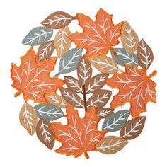 an orange and green leaf pattern on a white background with the leaves arranged in a circle