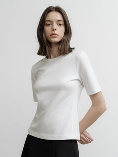 Composition : 37% cotton, 56% polyester, 7% spandexCountry of Origin : Republic of Korea Classic Fitted Cotton T-shirt, High Stretch Cotton Crew Neck Top, Stretch Cotton T-shirt For Spring, Spring Cotton T-shirt With Stretch, Stretch Cotton Short Sleeve Crop Top, Solid Color Stretch Crew Neck Top, Solid Stretch Crew Neck Top, Fitted Cotton T-shirt For Spring, Solid Fitted Elastane Tops