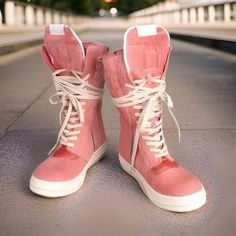 "\"Become the shadow rider with these Pink biker boots, a symbol of mystery and allure\" \"Infused with Rick Owens' signature toughness, these boots redefine your style narrative. Limited stock ensures exclusivity - be the one who stands out from the crowd\" Occasion:-               Casual Fashion Element:-  zipper Shoes Type:-           Basic Fit:-                           Fits true to size, take your normal size Pattern Type:-         Solid Insole Material:-      Rubber Season:-                   Spring/Autumn Lining Material:-     Shearling Outsole Material:-  Rubber Closure Type:-        Lace-up Feature:-                  Breathable Order today, and in just 5 days, we'll have your Rick Owens processed and ready to be dispatched to our courier. your order typically arrives within a swi High-top Laced Moto Boots For Streetwear, Pink Leather Moto Boots With Round Toe, Pink Casual Lace-up Boots For Winter, Pink Winter Lace-up Boots Casual, Pink Winter Lace-up Boots, Pink High-top Lace-up Boots For Winter, Pink Sneakers For Winter Streetwear, Pink High-top Lace-up Boots For Spring, Pink Leather Low-top Boots