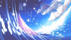 an anime scene with clouds and stars in the sky