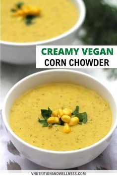 two bowls filled with creamy vegan corn chowder