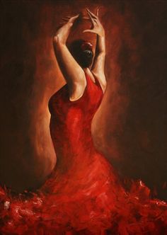 a painting of a woman in a red dress with her hands up to her head