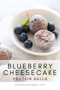 blueberry cheesecake protein balls in a white bowl