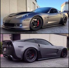 two pictures side by side of a silver sports car and the same one with red rims