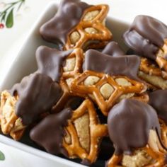 chocolate covered pretzels in a white dish