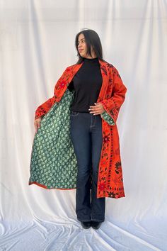 Step into bohemian elegance with this exquisite Orange hand dyed  duster jacket crafted from vintage Banjara fabric, tailored for women who appreciate unique fashion with a rich cultural heritage. Handcrafted by the nomadic Banjara tribe of North India, this one-of-a-kind jacket showcases their artisanal expertise and their fascinating lineage. Jacket Measurements: This longline cardigan jacket is ready to be dispatched in following measurements refer images for measurement guide Chest(pit to pi Festive Long Outerwear For Fall, Bohemian Long Outerwear For Festive Occasion, Traditional Long Sleeve Kimono Free Size, Traditional Long Sleeve Free Size Kimono, Bohemian Festive Kurta For Winter, Bohemian Winter Kurta For Festive Occasions, Winter Festival Long Kimono, Bohemian Cotton Kimono For Festive Occasions, Bohemian Winter Festive Kurta