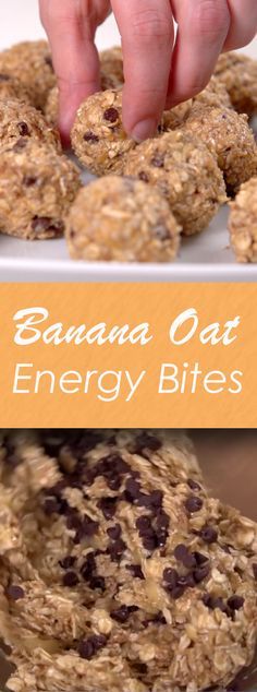 banana oat energy bites on a plate with the title above it and an orange background