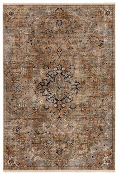 Inspired by the vintage perfection of sun-bathed Turkish designs, the Zefira collection showcases detailed traditional motifs that have been updated with on-trend, saturated colorways. The Amena rug boasts an elegantly distressed medallion in rich tones of gold, pink, tan, black, and gray. This power-loomed rug features cotton fringe detailing, a natural result of weft yarns, that echoes hand-knotted construction and adds brilliant texture to the plush, durable polypropylene pile. Jaipur Living Black Brown Gold Rug, Black And Tan Living Room Rugs, Traditional Area Rug Dark Floors, Dark Brown Leather Couch Living Room Rugs, Cintage Rug, Dark Brown Couch And Rug, Office With Vintage Rug, Loloi Rugs Living Rooms Traditional, Rugs For Brown Couch Living Rooms Rustic