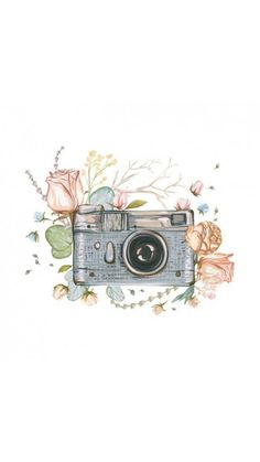 an old camera with flowers and leaves on the front is shown in this watercolor drawing