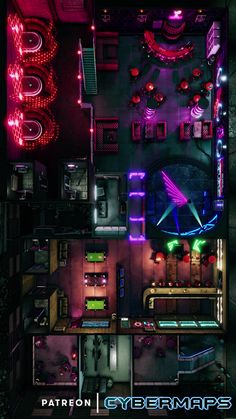 an aerial view of a building with neon lights