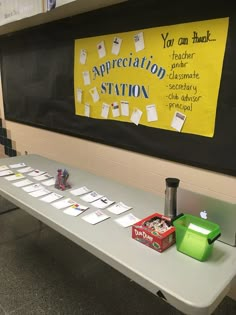 a long table covered in sticky notes next to a bulletin board with writing on it