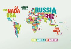 the world map made up of words in different colors and sizes on a white background