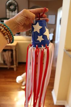 a person is holding up a patriotic bottle with stars on it and beads around the neck