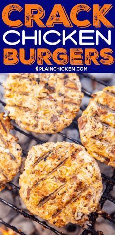 grilled chicken burgers on the grill with text overlay