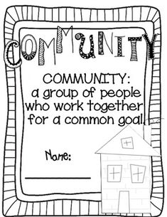 a community sign with the words community and a house on it, in black and white