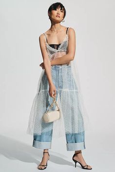 tulle Sheer Dresses Outfit, Tulle Slip Dress, Lace Dress Outfit, Dress Layering, Dress Over Jeans, Sheer Slip Dress, Slip Midi Dress, Tulle Maxi Skirt, Bachelorette Dress