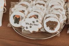 Customized cookies for wedding favors designed with chocolate lab and boxer's faces, paw prints, and the words, "We do, too!" Custom Dog Cookies Wedding, Dog Cookie Wedding Favors, Dog Themed Engagement Party, Dog Themed Wedding Favors, Dog Wedding Cookies, Wedding Ideas With Dogs, Cookies For Wedding, Golden Retriever Wedding, Customized Cookies