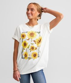 FITZ + EDDI Sunflower T-Shirt - One Size - Cream , Women's Cream Distressed graphic oversized t-shirt Bust measures 50 Body length 27 One size fits most. 100% Cotton. Machine wash cold. Do not bleach. Line dry. Iron low. Do not dry clean. Wash and dry with like colors.. Measurements: Bust -Fullest part of bust with arms at sides. Waist -Circumference of natural waist: above belly button below rib cage. Hips -Standing with feet together fullest part of hips. WOMEN'S TOP SIZE CONVERSION CHART Size White Sunflower Graphic Tee, White Sunflower Print Graphic Tee, White Graphic Tee With Sunflower Print, White Sunflower Print Short Sleeve Top, Graphic Tee With Sunflower Print And Crew Neck, White Short Sleeve Top With Sunflower Print, Relaxed Fit Sunflower Print T-shirt With Crew Neck, Sunflower Print Graphic Tee, Graphic Tee With Sunflower Print And Short Sleeves