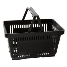 a black plastic basket with two handles