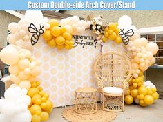 a balloon arch with yellow and white balloons in front of it that says custom double - side arch cover stand