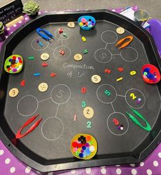 a child's play table with toys and writing on it that says competition of 5