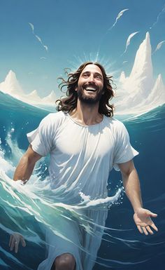 jesus walking through the water with his arms spread out and hands extended in front of him