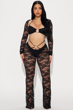 Festival Night Lace 3pc Pant Set - Black | Fashion Nova, Matching Sets | Fashion Nova 21st Birthday Photoshoot, Lace Pants, Flare Pant, Bra Top, Pant Set, Matching Dresses, Flare Pants, Active Wear For Women, Bra Tops