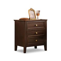 a wooden night stand with two drawers and a small mirror on it's top